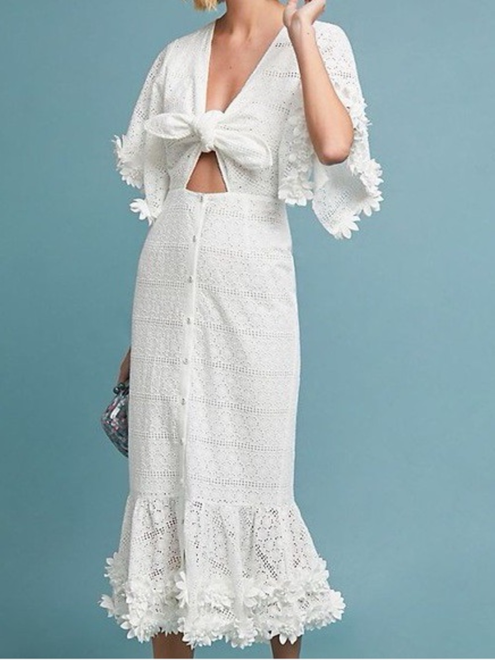 We Are Kindred Worn Once White Eyelet Midi Dress with Bow Front